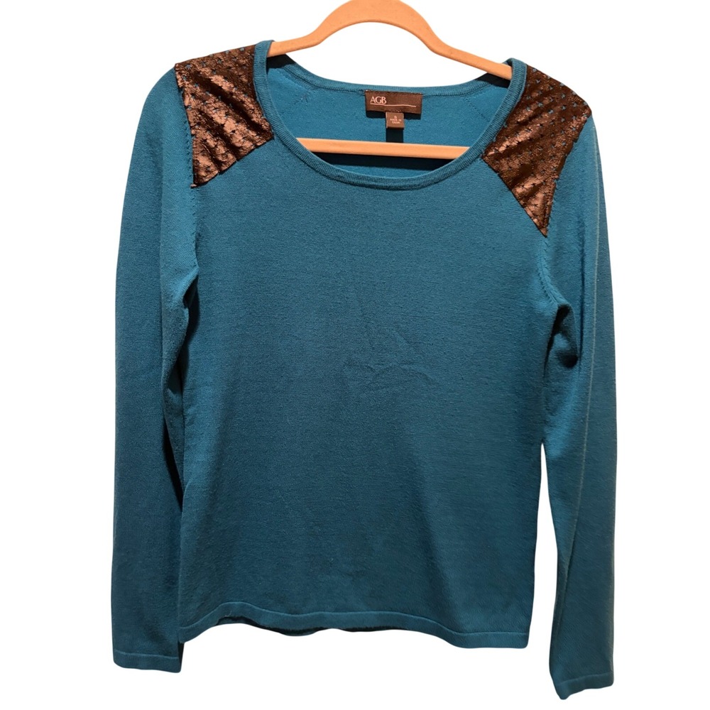 AGB Womens Teal Blue Long Sleeve Sweater Faux Leather Perforated Star Shoulder S